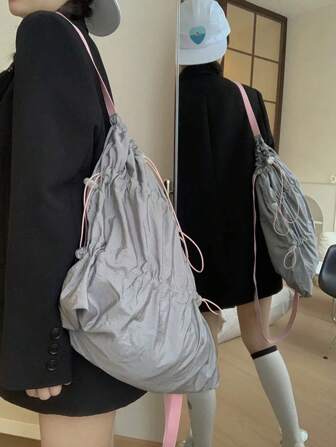 Japansk stil mode dragsko ryggsäck kvinnor, koreansk casual ryggsäck med cinch-stängning, stor kapacitet lättviktig nylon vattentålig ryggsäck, bärbar utomhussportryggsäck