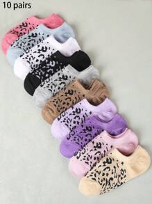 10 Pairs Assorted Leopard Print Patterned Ankle Socks And Boat Socks For Women