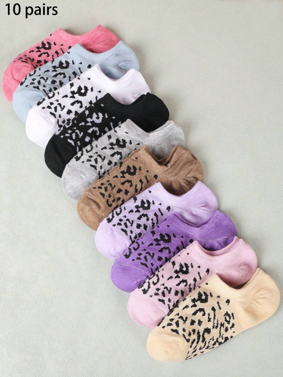 10 Pairs Assorted Leopard Print Patterned Ankle Socks And Boat Socks For Women