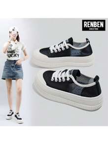 RENBEN 帆布运动鞋女休闲平底鞋复古新款圆头百搭白色鞋子厚底秋季 - 黑色 - 查看 6