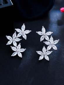 1 对精致花朵耳钉，镀银马眼形切割方晶锆石首饰，对称设计女士新娘配饰，适合婚礼、订婚派对、舞会 - 白色 - 查看 12
