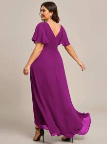 EVERPRETTY Plus Size V-Neck Asymmetric Ruffle Chiffon Bridesmaid Dress, Autumn Wedding Guest Dress - Red Violet - View 3