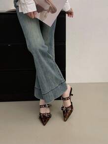 Fall/Winter 2025 Pointed-Toe Double-Buckle Slip-On Mule High Heel Shoes, Leopard Print Brown Color, Elegant, Women Pumps,Kitten Heels