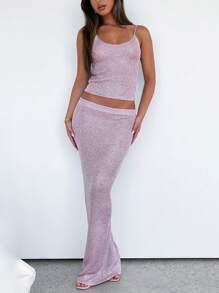 Two Piece Skirt Set For Women - Sexy 2 Pc Bright Silk Skirt Set Sleeveless Spaghetti Strap Scoop Neck Tank Top Bodycon Maxi Long Skirts Sets - 粉色 - 查看 10
