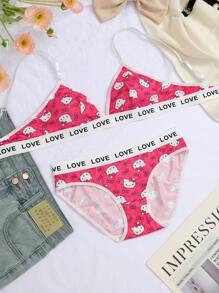Sanrio 2 件  女士内衣套装：三角杯印花文胸 + 松紧腰带三角内裤，卡哇伊 - 玫紅色 - 查看 7