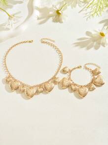 2pcs Fashionable Minimalist Round Ring Chain Geometric Carved Heart Pendant Necklace And Bracelet Set, Women's Daily Matching, Festival Party And Gathering Wear, Also Suitable For Gifts To Girlfriends, Friends, And Loved Ones