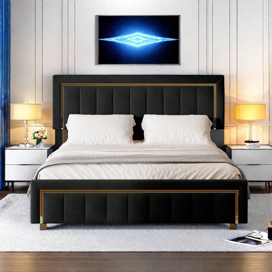 Rosahqnda Lit capitonné 140x200cm avec rangement rabattable, lit fonctionnel hydraulique, cadre de lit en flanelle noire sans matelas - 160 x 200 cm - Noir - Voir 1