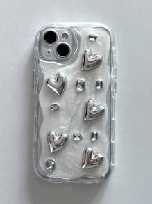 Transparent Fluid Silicone Wavy Pattern Milky White Electroplated Diamond Heart Anti-Drop Phone Protective Case Compatible With IPhone - Multicolor - View 5