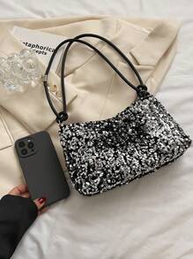 1 件银色亮片顺滑拉链休闲纯色手提包，用途广泛，适合女性日常使用 - 銀色 - 查看 6