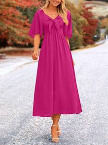Women's Summer Dress Casual Short-Sleeved Bow Tie V-Neck Ruffled Mid-Length Elegant Flowing Dress - 玫紅色 - 查看 3