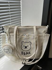 2 Pieces Bear Pattern Women's Large Capacity Tote Bag, Perfect For Business, Work, Commuting, High School, Portable, Suitable For Teen Girls And College Girls, Perfect For Office, College, Elementary School, Junior High School, Work, Stadium, Sports, Lightweight Shoulder Bag, Versatile In Spring And Summer Seasons, Suitable For Back To School And Travel - Multicolor - View 14