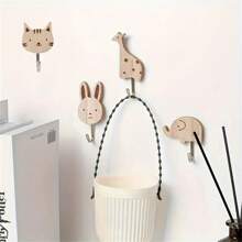 4 pièces de crochets en forme d'animaux en bois, à fixer au mur, installation facile, rangement pour manteaux, serviettes, écharpes, sacs - design mignon d'éléphant, chat, lapin, girafe