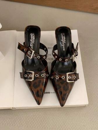 2025秋冬季尖头双扣套脚穆勒高跟鞋，豹纹棕色，优雅女士浅口鞋，猫跟鞋