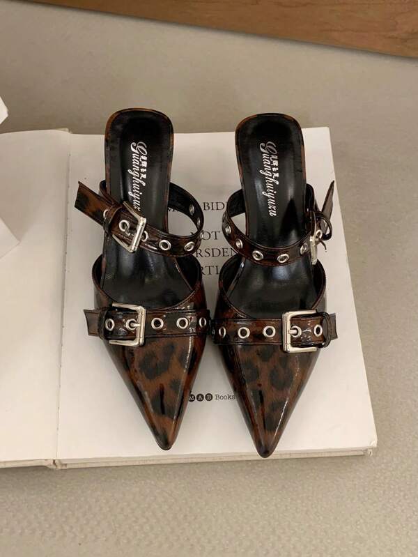 Zapatos de tacón alto tipo mula con punta puntiaguda y doble hebilla, de color marrón con estampado de leopardo, elegantes, para mujer