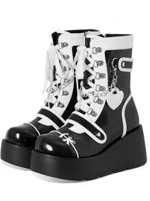 Goth Punk Women's Chain Platform Boots Platform Wedge Ankle Boots Goth Patent Lace Up Boot Chain Strappy Booties Lace Up&Zipper Combat Boots