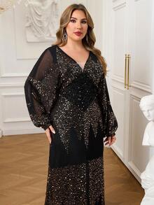 Seomiscky Middle-East Women Sexy V Neck Long Sleeve Sequin Split Party Elegant Dress - Gold - View 6