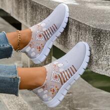 New Women Knitted Sneakers, Soft Sole Mesh Breathable Anti-Odor Lightweight Low-Top Casual Athletic Shoes, Fashionable Hollow-Out Design - Grey - View 4