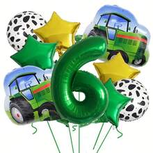 11pcs Farm Truck Green Number Balloon Set, Includes Green & Gold Star Balloons, 32-Inch Green Numbers 1, 2, 3, 4, 5, 6 Available, Suitable For Birthday Party Decoration - Green - View 11