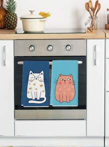 2 件装厨房毛巾猫咪趣味图案农舍洗碗巾厨房洗碗手茶巾厨房擦干洗碗巾适用于厨房餐厅餐桌 - 藍色 - 查看 3