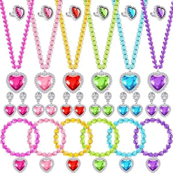 Set de 5 piezas de joyería para disfrazarse de princesa para niñas, incluye collar, pulsera, anillos, aretes, corona y cetro de plástico, adecuado para fiesta con tema de princesas, fiesta del té, Navidad, regalo de cumpleaños, accesorios de color aleatorio