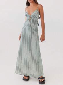 Womens Summer Long Dress Sleeveless Spaghetti Strap Tie-Up Front Loose Dress Back Cutout Dress - 淺綠色 - 查看 1