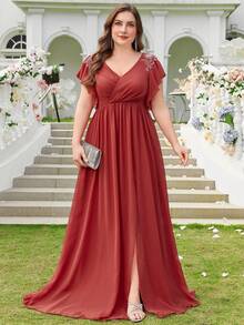 Chiffon Minimalist Sexy V-Neck Plus Size Cocktail Dress For Prom, Wedding,Party Dress,Gown,Formal,Evening,Wedding Guest - Burnt Orange - View 5