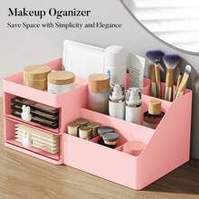 Makeup Organizer, Cosmetic Desk Storage Box With Drawers Skincare Organizers For Dressing Table, Countertop, Bathroom Counter, Vanity Holder For Brushes, Lotions, Lipstick, Perfume - 粉紅色-透明 - 查看 5