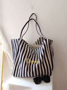 Customized Embroidered Striped Retro Shoulder Bag Slouchy Style Large Capacity Canvas Bag Outdoor Fashion Simple Women's Bag Shopping Bag Large Capacity Korean Edition Classic Retro Stripe Shoulder Bag Simple Sail Bag Wholesale Street Photography Bag Korean New Slouchy Style Fashionable Atmospheric Canvas Bag Large Capacity Shoulder Women's Bag Casual Big Bag - Multicolor - View 4