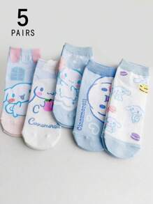 Sanrio 5 Pairs Teenage Girls' Blue Cinnamoroll Cartoon Cute Pattern Breathable Short Socks, Suitable For Spring/Summer