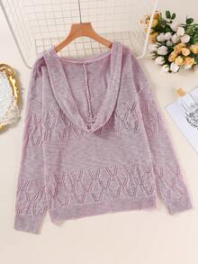 Plus Size Women Solid Color Dropped Shoulder Long Sleeve Hollow Hooded Thin Cardigan - Mauve Purple - View 2