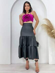 Women's Midi Skirt Three Marias Leatherette High Waist Luxury Fashion - 黑色 - 查看 1