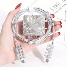 Set da 5 pezzi di accessori luccicanti per ricarica, compatibili con 11/12/13/14, include adesivo con brillantini, organizer per cavi, protezione per cavi - realizzati in TPU, compatibili con caricabatterie Apple 18W/20W