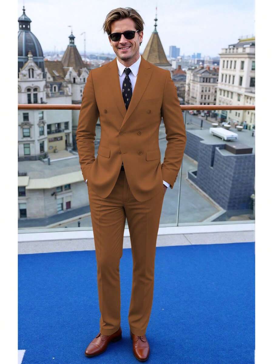 Men's Suit Two-Piece Double-Breasted Solid Color Hollow-Out Business Suit Jacket Pants Wedding Party Formal, Long Sleeves, Machine Washable, Spring/Fall - Brown - View 1