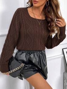 VIBEWAVE Casual Square Neck Pullover Sweater, Autumn - Coffee Brown - View 1