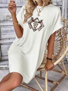 Women's Round Neck Short Sleeve Midi Dress With Cow Head Print