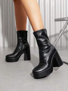 Women's Platform Gogo Ankle Boots High Chunky Block Heel Square Toe Booties Shoes - Black - View 3