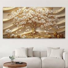 1 peça pôster botânico abstrato de flor branca, árvore dourada rica, quadros de parede modernos, pintura em tela, presente ideal para decoração de casa, decoração de quarto, itens de decoração de quarto, sem moldura, 50x100cm/19,68x39,37 polegadas