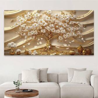 1 件抽象白花金色富饶树植物海报，现代墙壁装饰，帆布画，家居装饰、卧室装饰、房间装饰的理想礼物，无框架，50x100cm/19.68x39.37 英寸