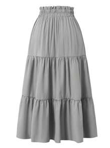 Women's Solid Color Pleated Elastic Waist Casual Skirt - Grey - View 3