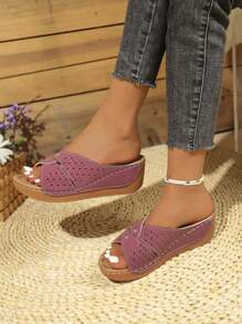 Women's Summer Open Toe Criss-Cross Sandals, Casual High Heel Hollow Platform Rhinestone Slide Slippers
