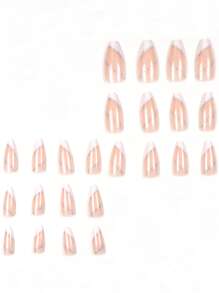 24 Stücke Nagel-Aufkleber, lange mandelförmige Wirbel-Nude-Silber-Französisch-Kunstnägel, Acryl-Falschnägel-Set, Klebe-Nägel für Frauen