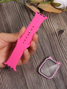 2pcs/Set Sports Silicone Strap, Shiny Diamond PC Electroplated Case With HD Hardened Tempered Glass Screen Protector