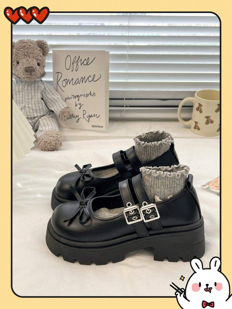 Women's Platform & Thick Sole Loafers/Black Buckle Bow Tie Small Leather Shoes, 2025 Spring New Retro Gothic Lolita Mary Jane Shoes