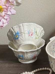 1pc French Retro Blue Rose Embossed Ceramic Cup, Saucer, Bowl, Serving Dish, Dinnerware, Dessert Plate