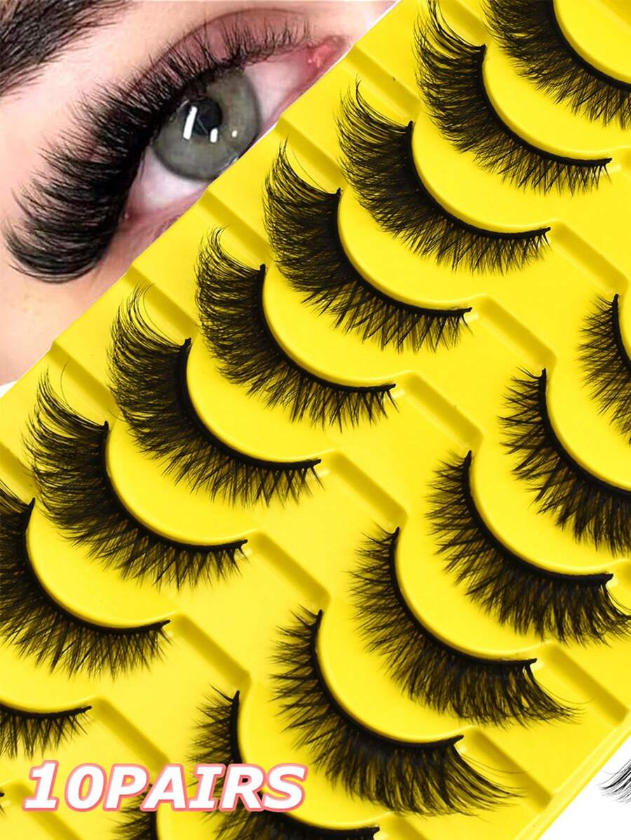 10 Pairs Fluffy Volume Faux Lashes, Thick Naturally Full Lashes, Cat Eye Dramatic Style Fake Eyelashes