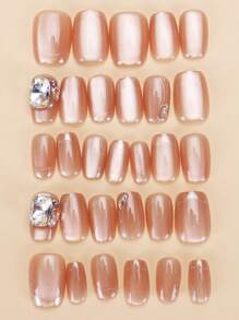 30片短款棺材形压制假指甲贴片，闪闪发光的钻石猫眼，酷炫日韩风女士指甲贴片，指尖，配1片果冻胶和1片摩擦条，适合女性派对、舞会、日常休闲装，可拆卸可重复使用 - 彩色 - 查看 2