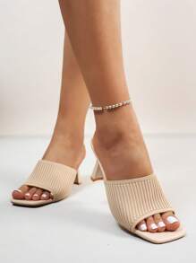 Elegant Nude Color Sandals, Beige Women Sandals - Comfortable Breathable Ankle Strap, Chunky Heel, Knitted High Heel Slippers, Summer High Heels, Ladies Slippers - Beige - View 4