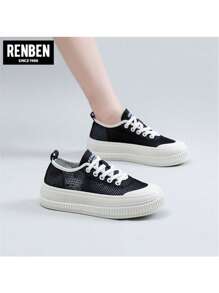 RENBEN 帆布运动鞋女休闲平底鞋复古新款圆头百搭白色鞋子厚底秋季 - 黑色 - 查看 10