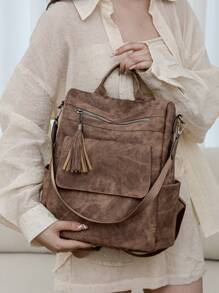 女士复古休闲简约百搭背包时尚软皮大容量户外旅行流苏背包，适合学校、大学、初中、高中、通勤、办公室工作 - 棕色 - 查看 2