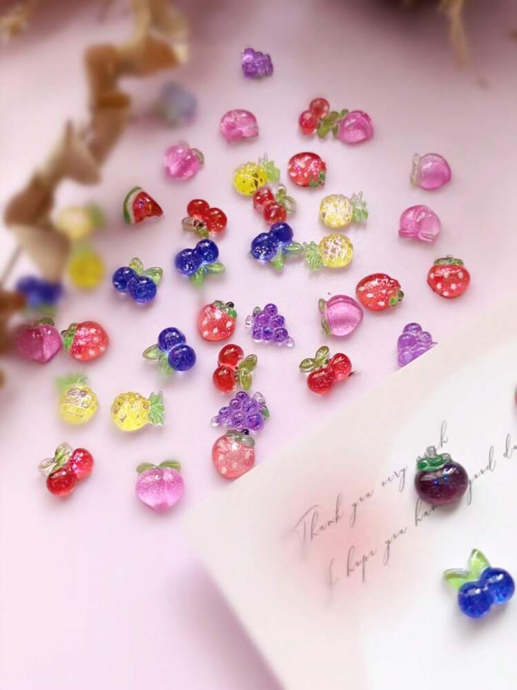 30/100pcs Spring/Summer Mini Fruit Shaped Nail Art Decorations, Korean/Japanese DIY Style, Including Cherry, Strawberry, Banana, Pineapple And More Assorted Shapes And Designs, Includes Nail Supplies, Nail Jewelry, Nail Gems, Etc. Nails - Multicolor - View 3